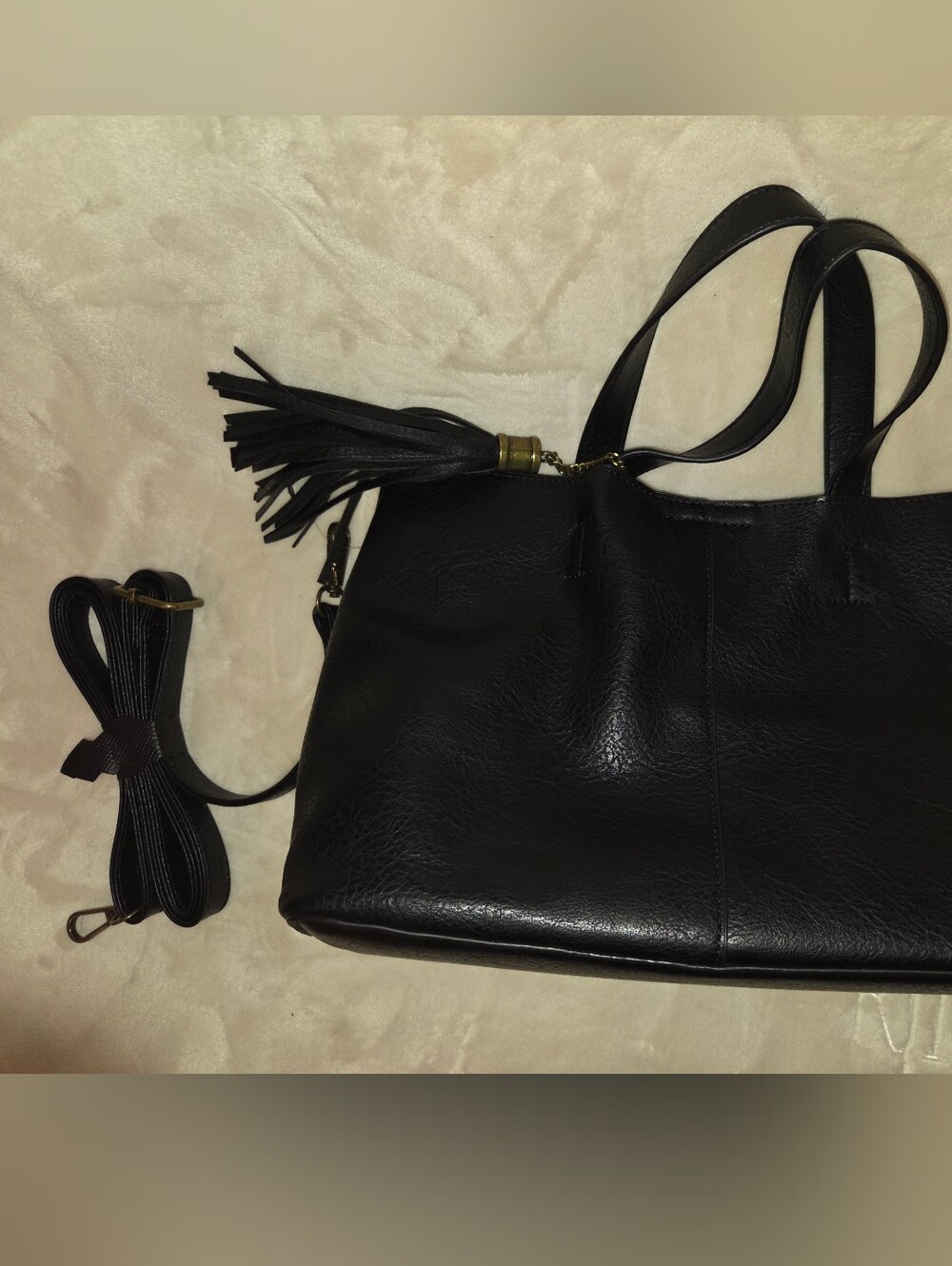 Black Leather Tote with Tassel Accent - Women's Shoulder Bag
